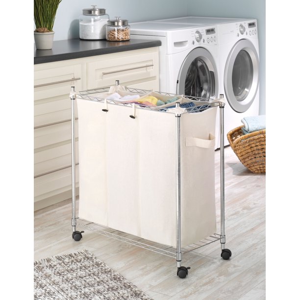 Whitmor 3 Section Rolling Laundry Sorters with Removable Canvas Bags, Chrome and Beige