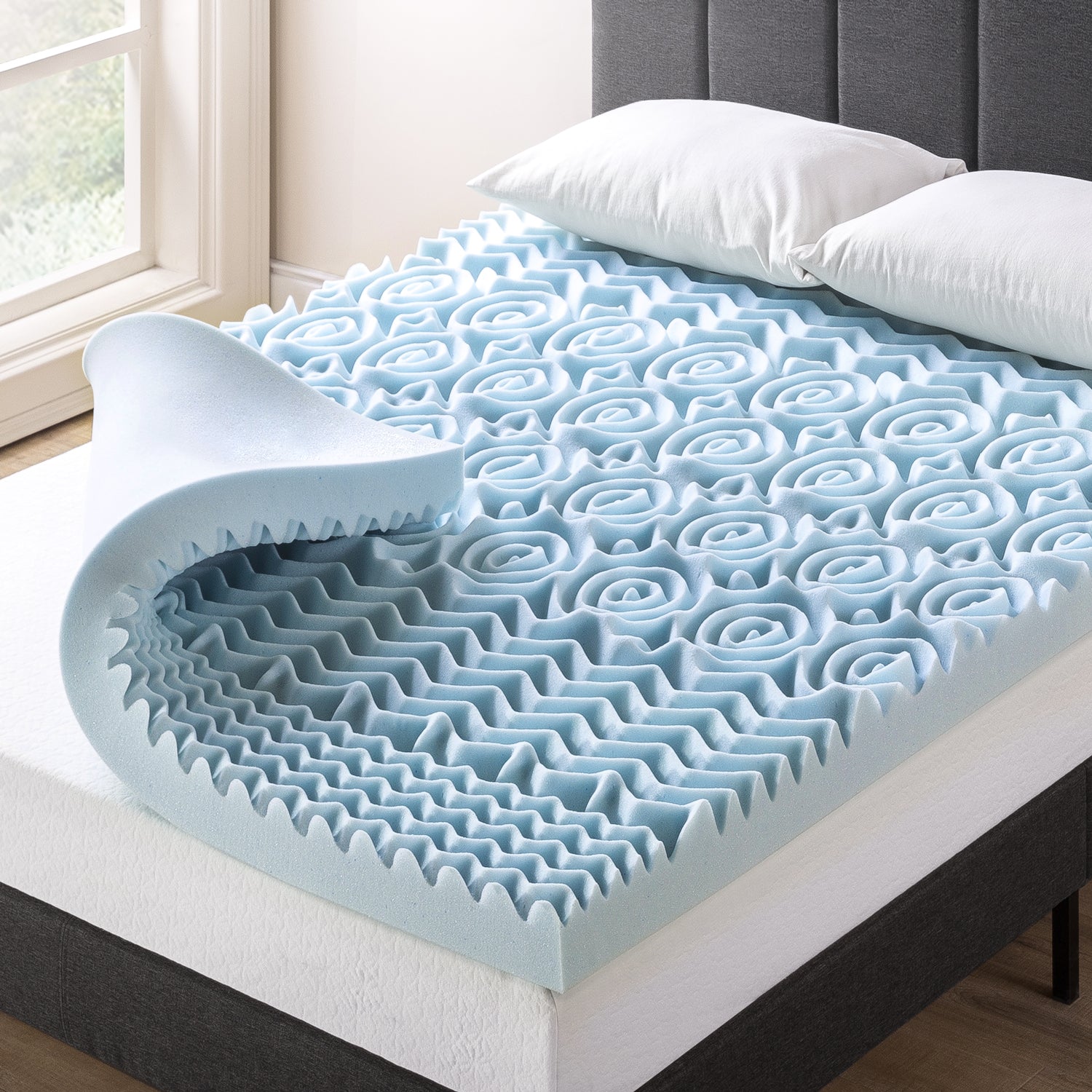 Best Price Mattress 4 Inch Cooling Gel 5-Zone Memory Foam Topper, CertiPUR-US Certified, Full, Sky Blue K7441