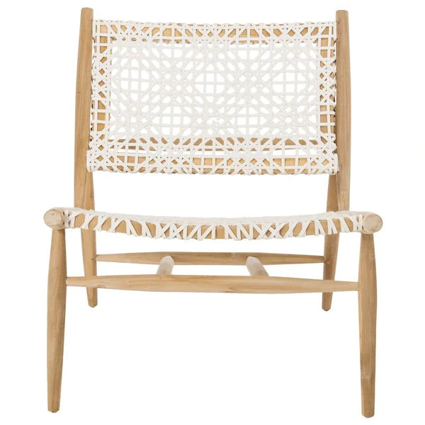 Bandelier Accent Chair Leather Weave Off White Natural Wood Teak 7 MM Cowhide