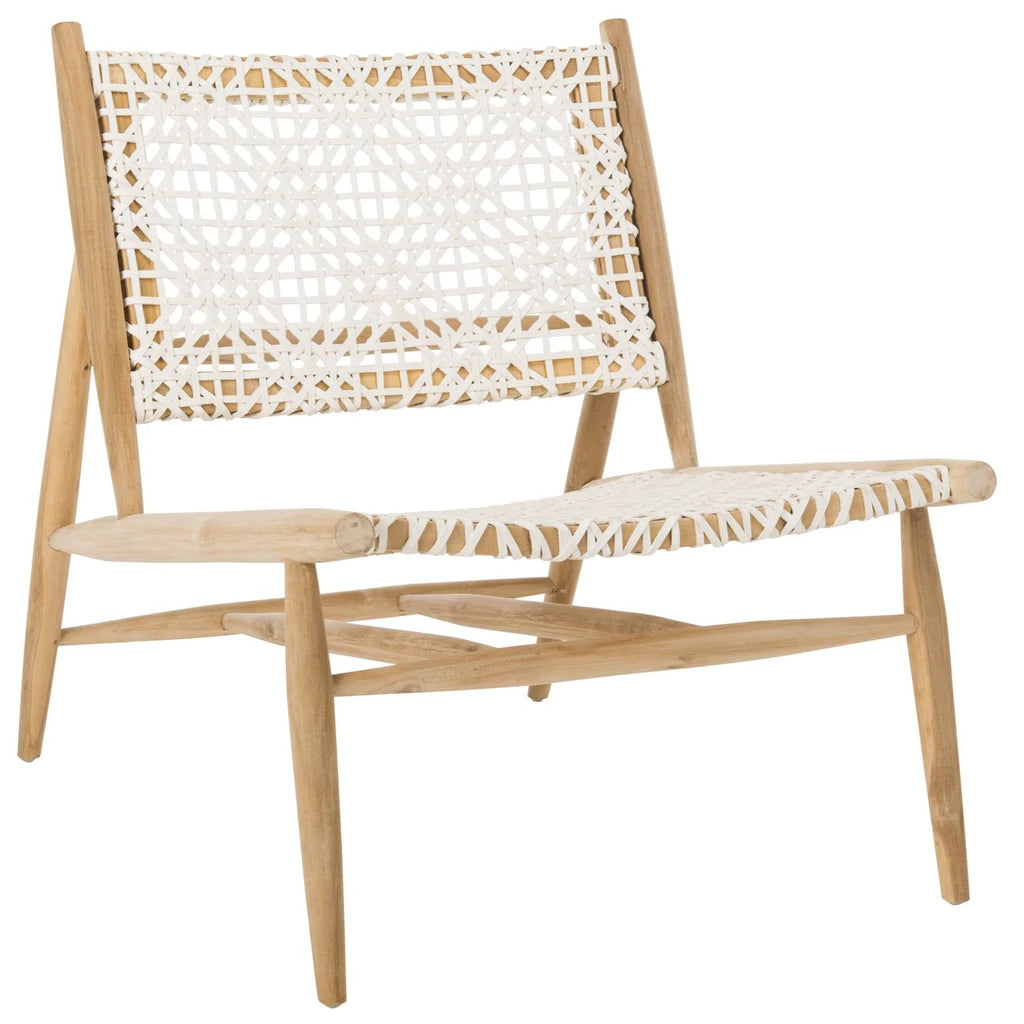 Bandelier Accent Chair Leather Weave Off White Natural Wood Teak 7 MM Cowhide