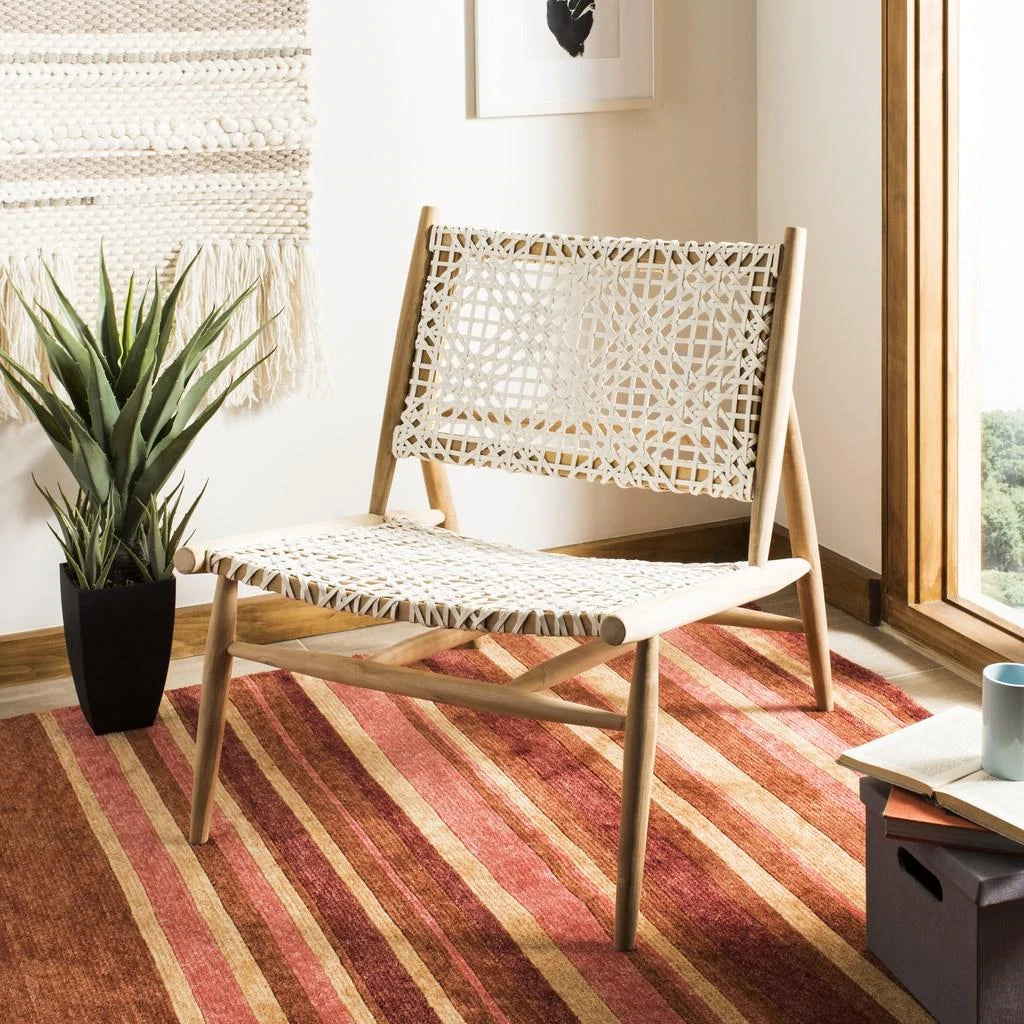 Bandelier Accent Chair Leather Weave Off White Natural Wood Teak 7 MM Cowhide