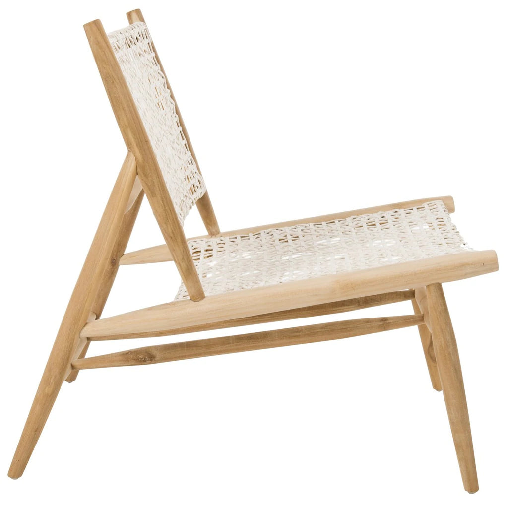 Bandelier Accent Chair Leather Weave Off White Natural Wood Teak 7 MM Cowhide