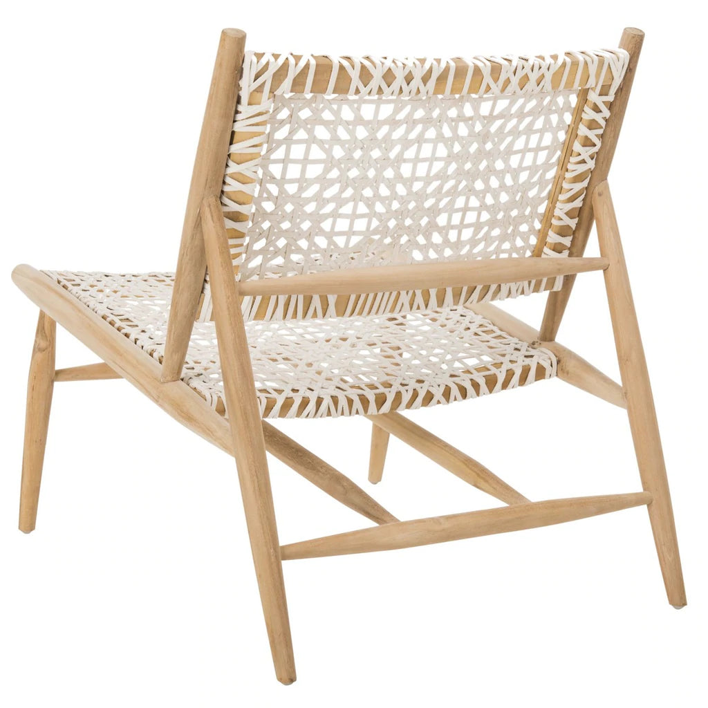 Bandelier Accent Chair Leather Weave Off White Natural Wood Teak 7 MM Cowhide