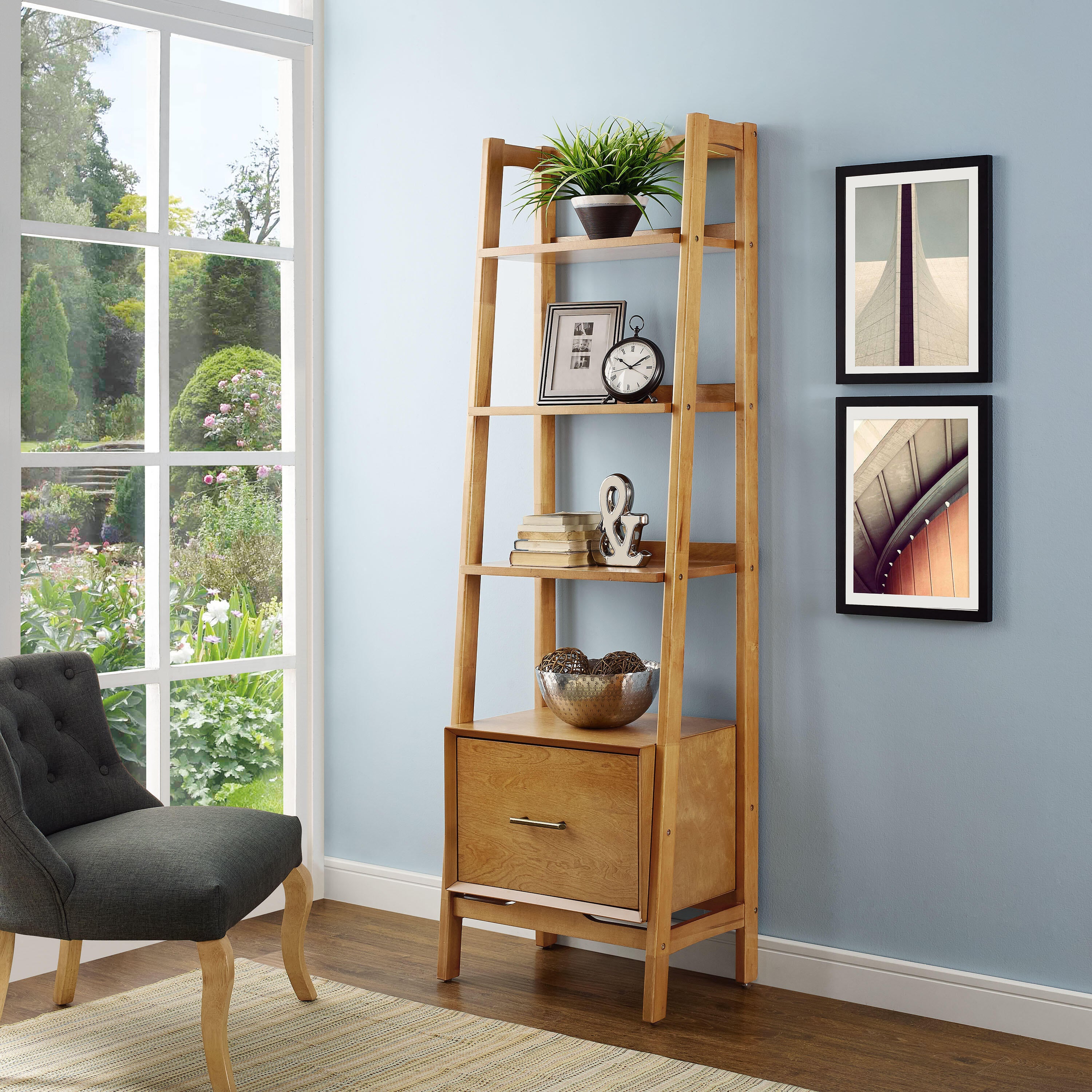 70.13 in. Acorn Wood 4-shelf Ladder Bookcase with Open Back 7315