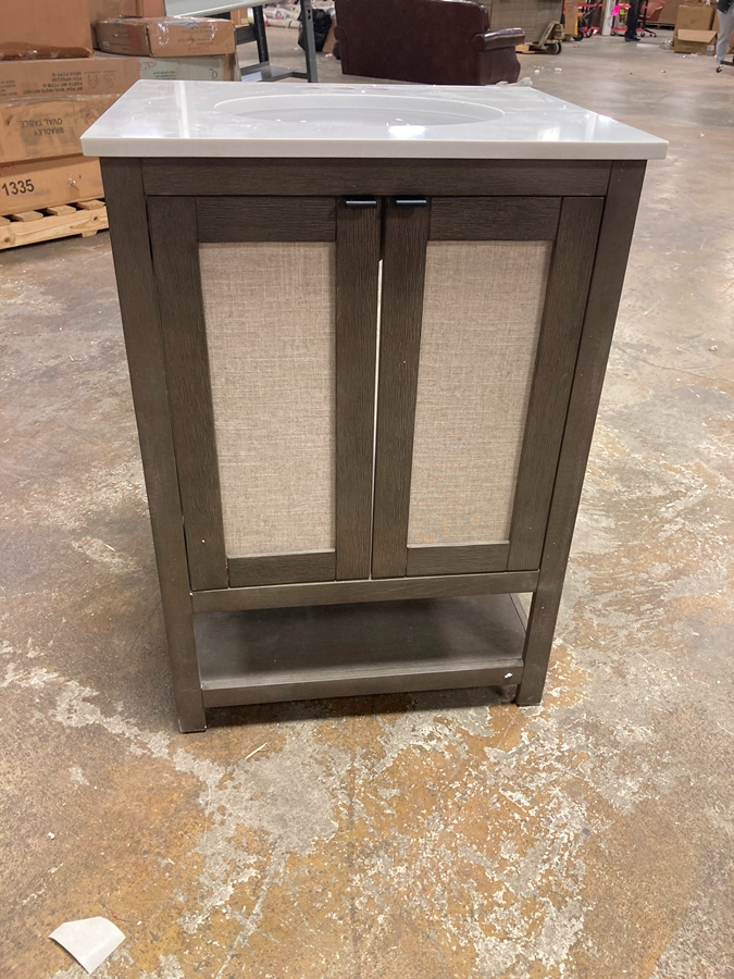 24 in. Bath Vanity in  Barstow  Acacia with Coastal Linen Doors and Vanity Top in White Stone with Basin
