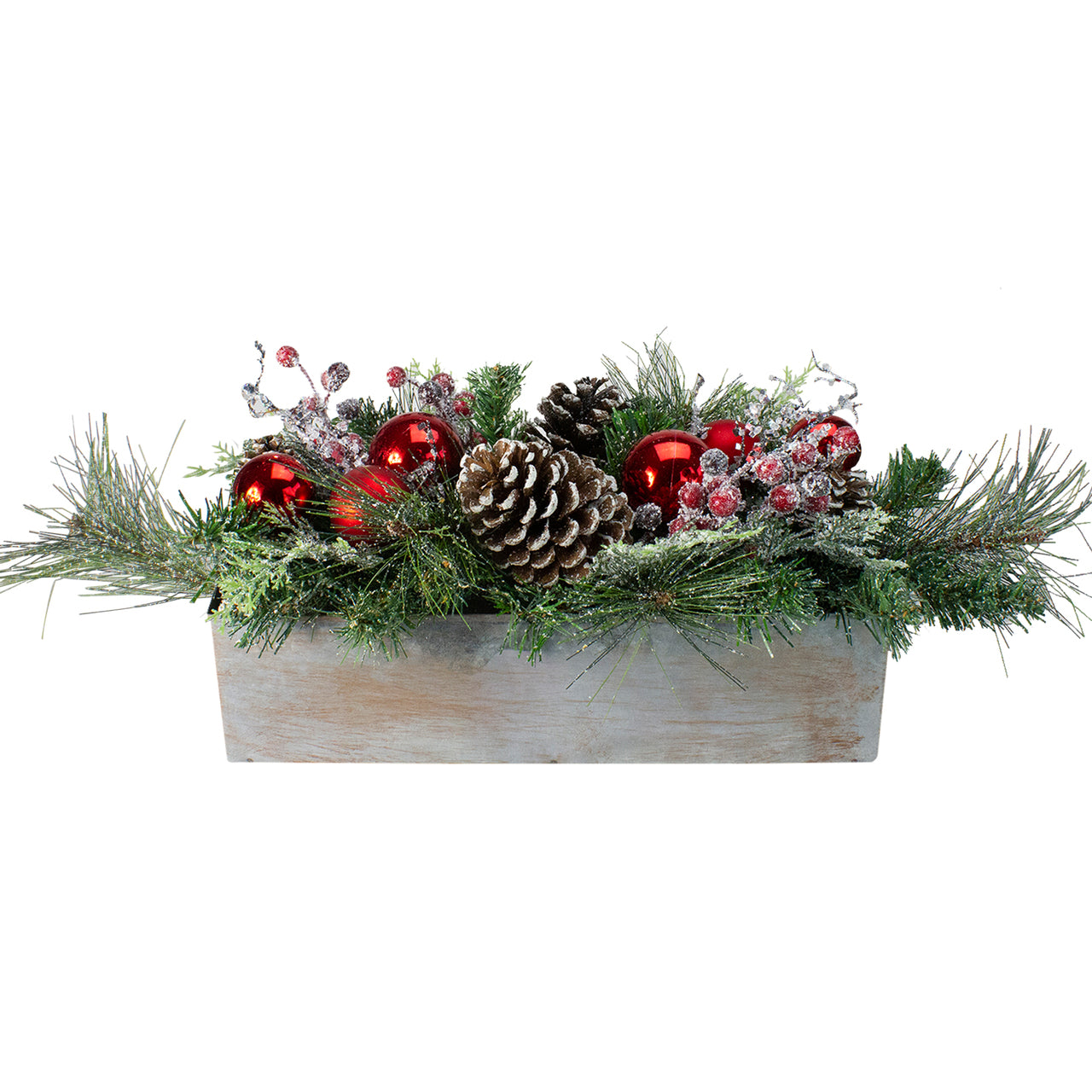 26" Mixed Pine and Red Ornaments Artificial Christmas Arrangement in Wood Planter