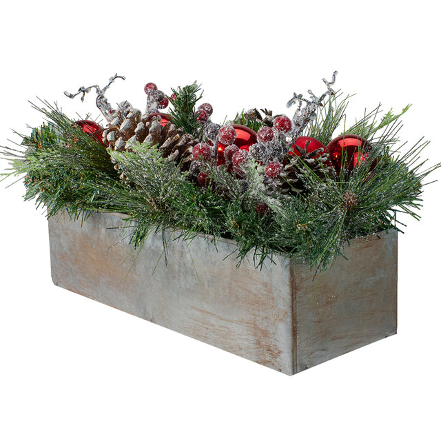 26" Mixed Pine and Red Ornaments Artificial Christmas Arrangement in Wood Planter