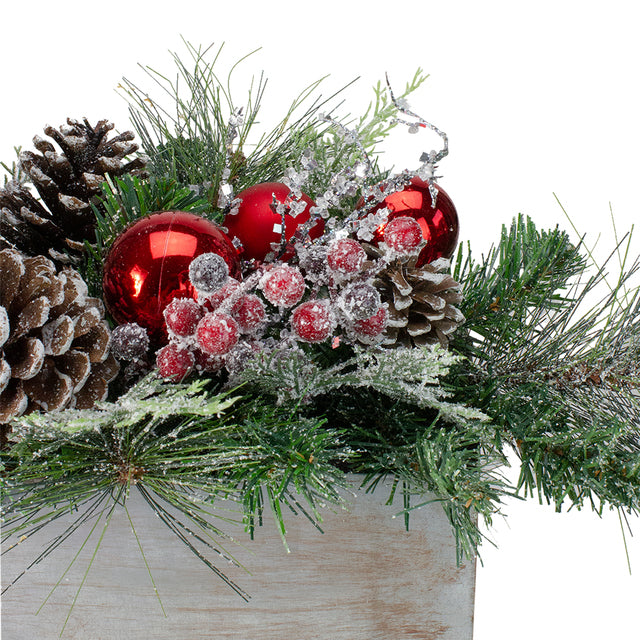 26" Mixed Pine and Red Ornaments Artificial Christmas Arrangement in Wood Planter
