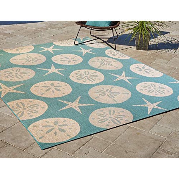 Gertmenian 21268 Nautical Tropical Outdoor Patio Rugs, 5x7 Standard, Sand Dollar Starfish Oasis Green KRUG301-B1-S3