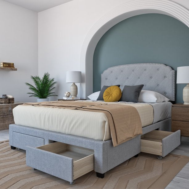 Argo Tufted Upholstered Panel Bed Frame with Storage Drawers and Nailh