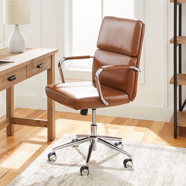 Better Homes & Gardens Swivel Office Chair, Faux Leather, Upholstery, Brown