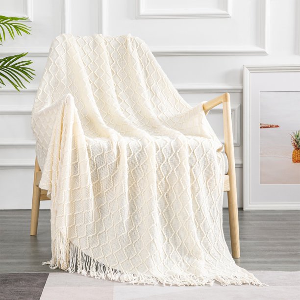 100% Acrylic Knit Throw Blanket Textured Cream Throw Blankets with Tassels for Couch 50 X 60 inch (Without Tassel Size) Bohemian Fringe Throw Blanket