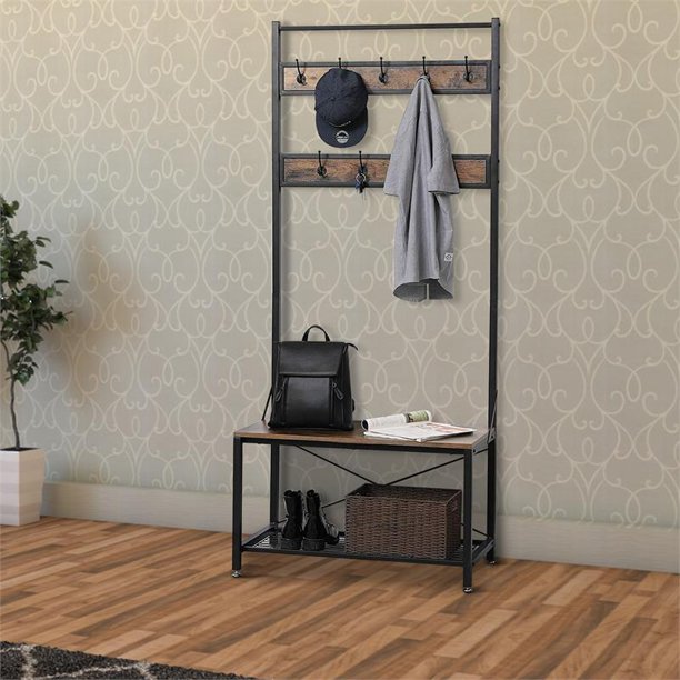 Benjara 12.6" Wood and Metal Frame Hall Tree with 9 Hooks in Brown and Black CA219