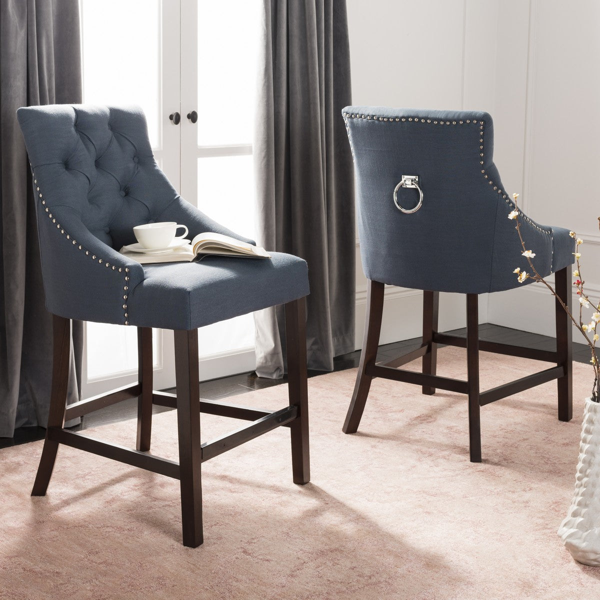 26" Linen Upholstered Stool in Navy (Set of 2) LX4062