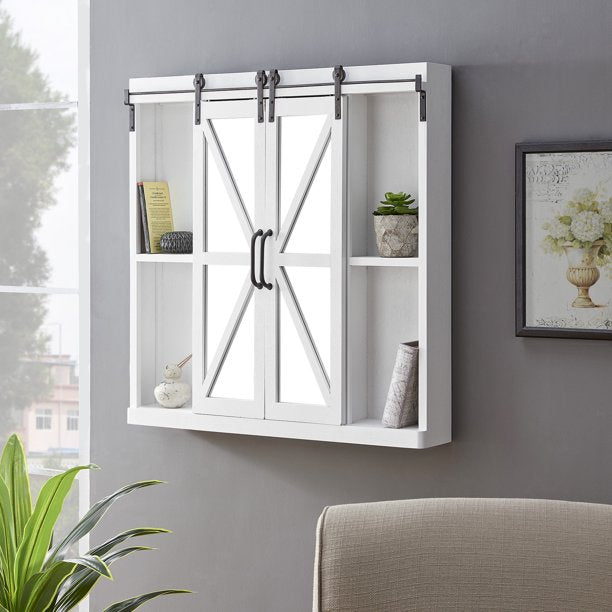 White Westerly Barn Door Mirrored Cabinet, Farmhouse, Painted, Square,Wood, 34 x 5.5 x 33 in