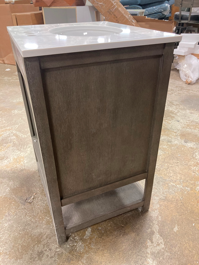 24 in. Bath Vanity in  Barstow  Acacia with Coastal Linen Doors and Vanity Top in White Stone with Basin