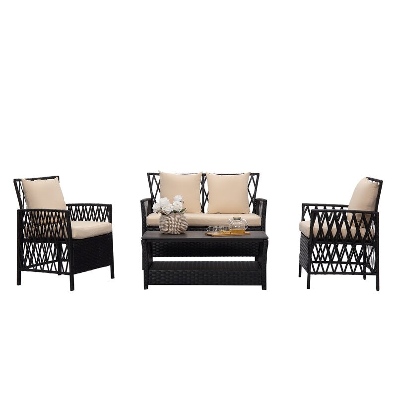 4 PC Black PE Wicker /  Rattan Patio Sectional Sofa Set K7165