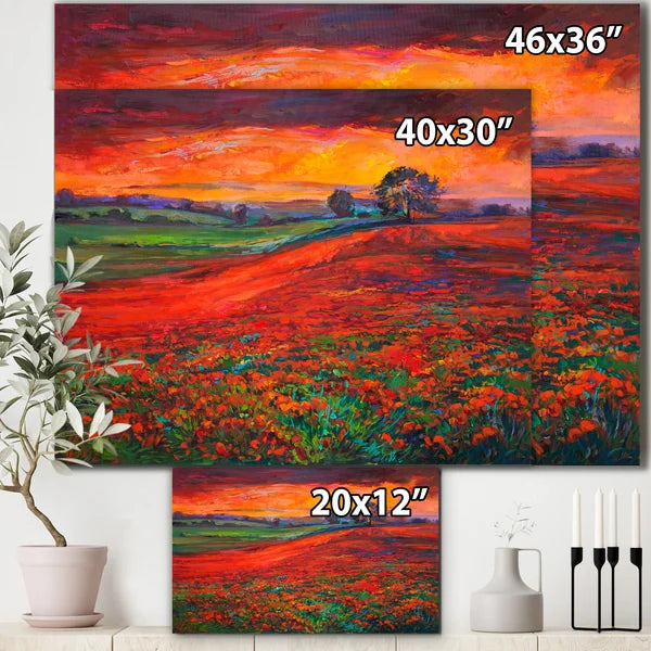 36" H x 46" W x 1.5" D Blossoming Poppy Fields During Summer Sunset - Painting on Canvas