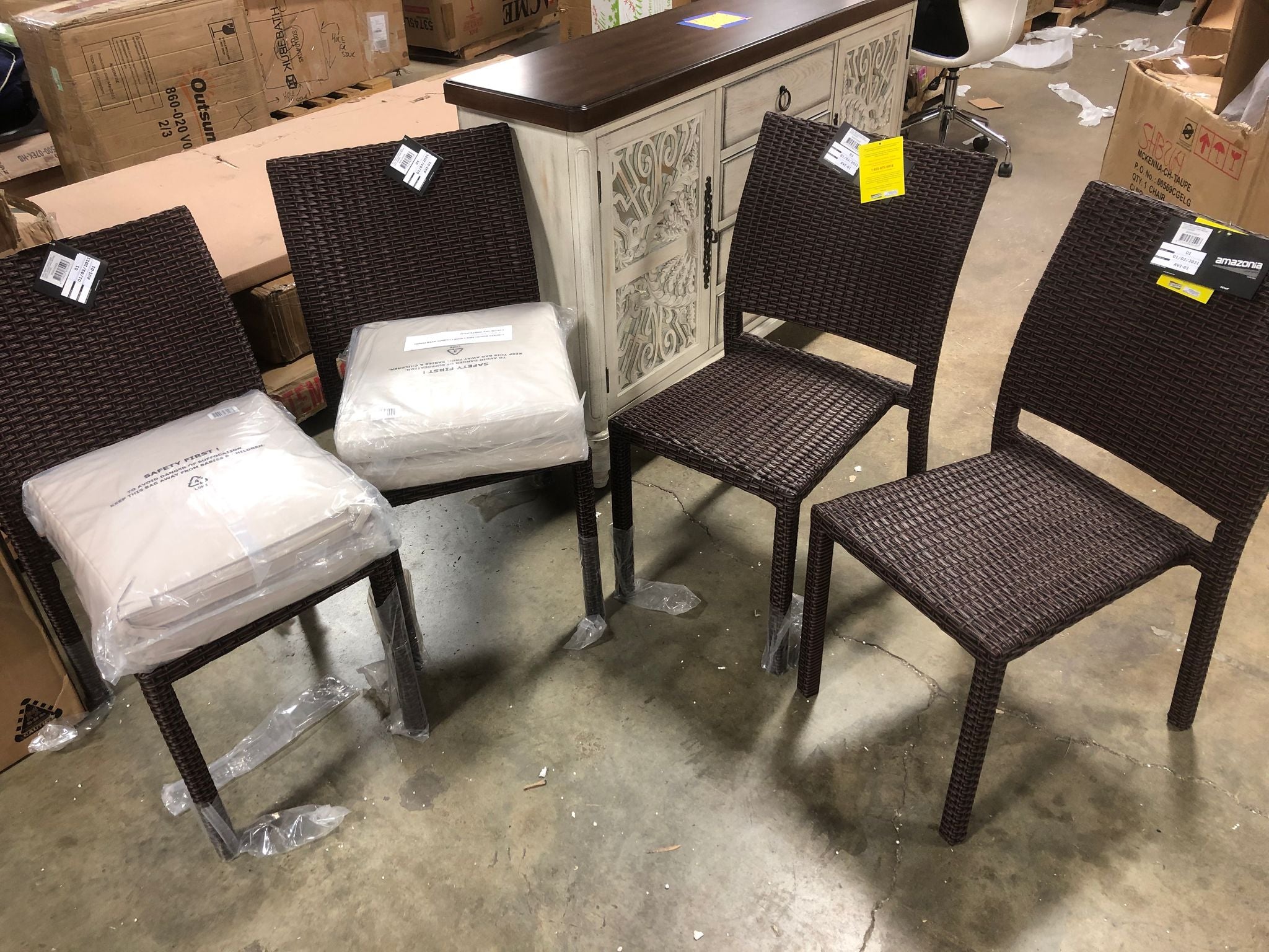 4-Piece Brown Liberty Wicker Outdoor Patio Dining Chair Set 35" - Off-White Cushions MG619
