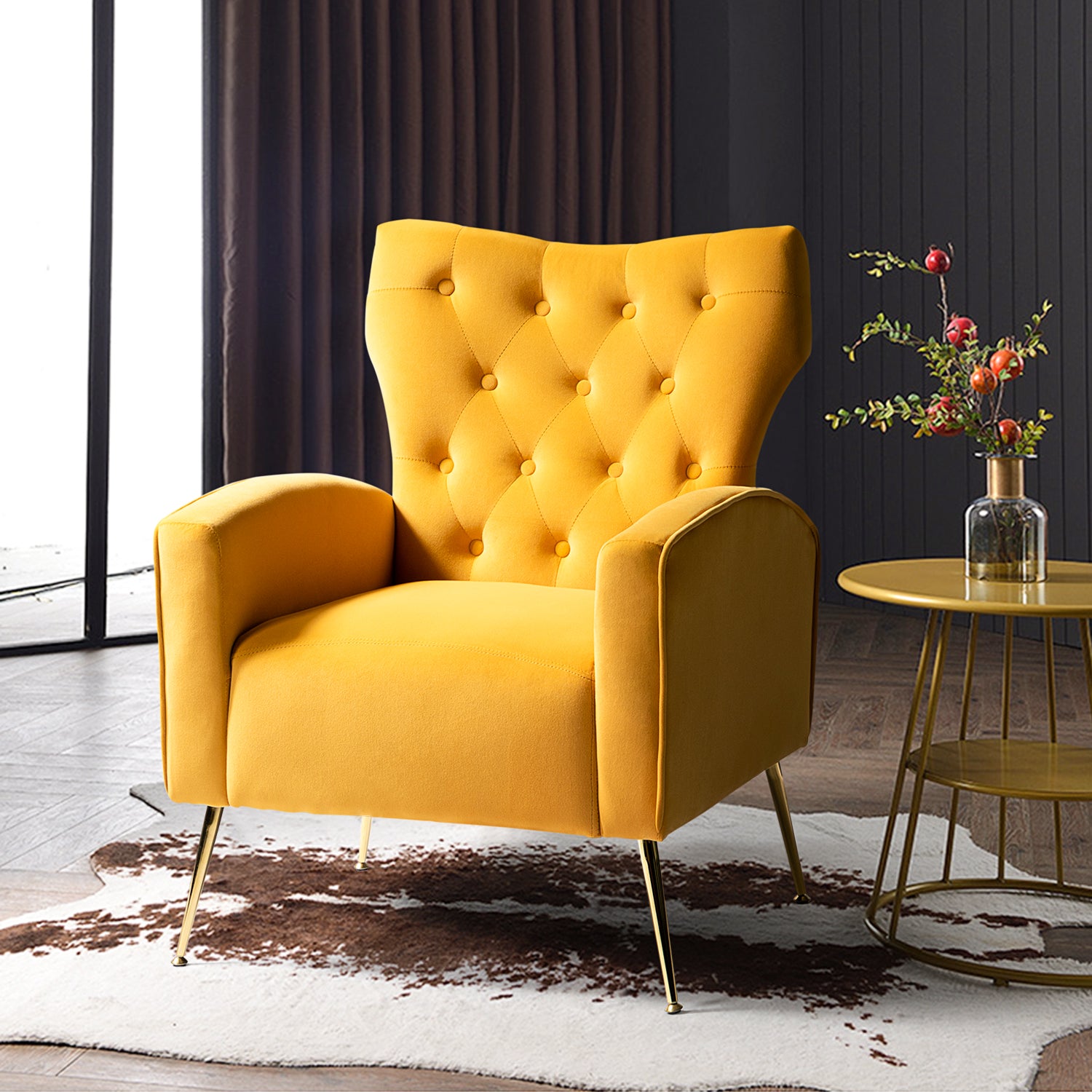 Abadiana Velvet Wingback Chair with Button Tufted Back in Mustard