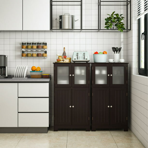 Bathroom Floor Storage Cabinet, Wood Linen Cabinet with Doors and Adjustable Shelf, Kitchen Cupboard, Dark Brown