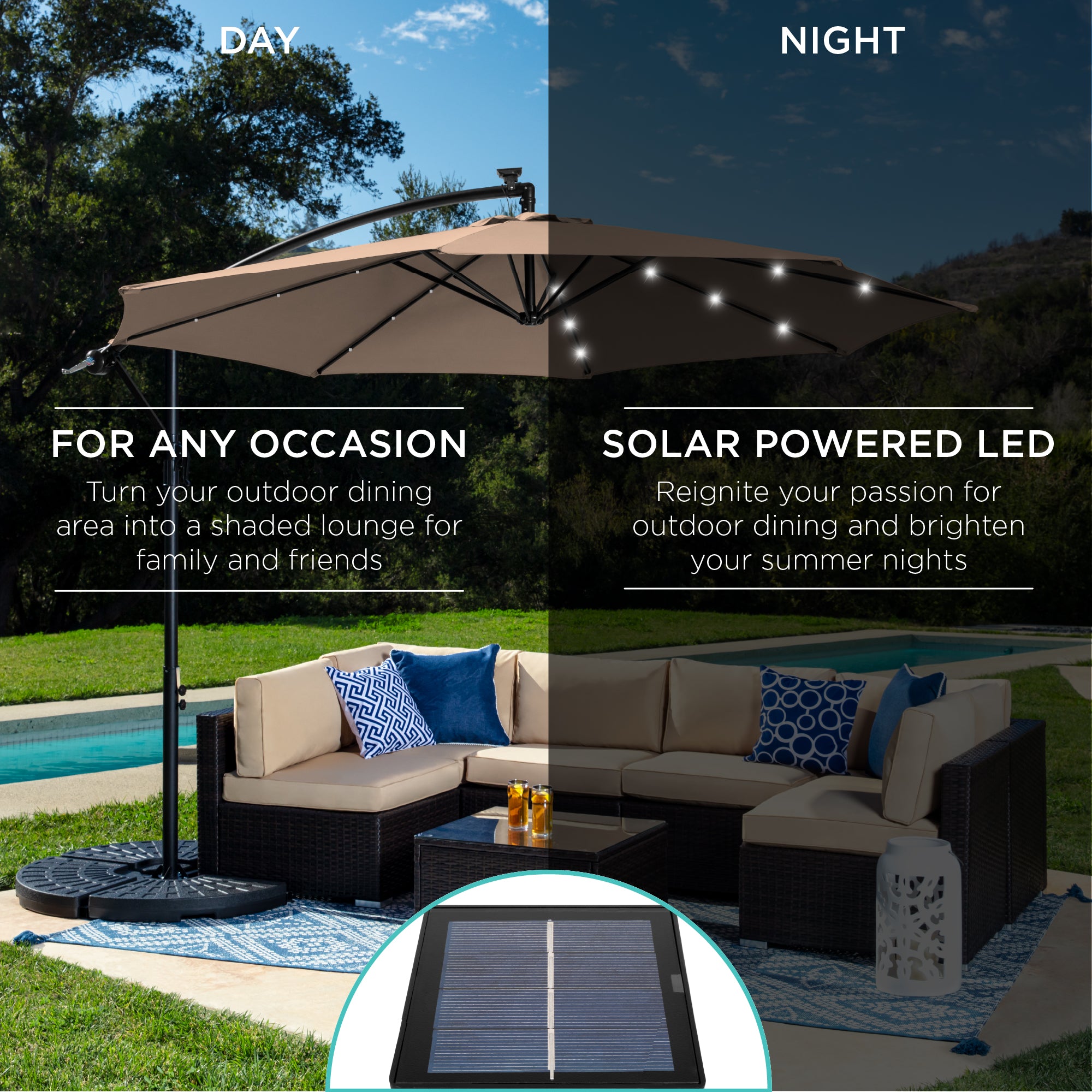 Best Choice Products 10ft Solar LED Offset Hanging Outdoor Market Patio Umbrella w/ Easy Tilt Adjustment - Tan 7345