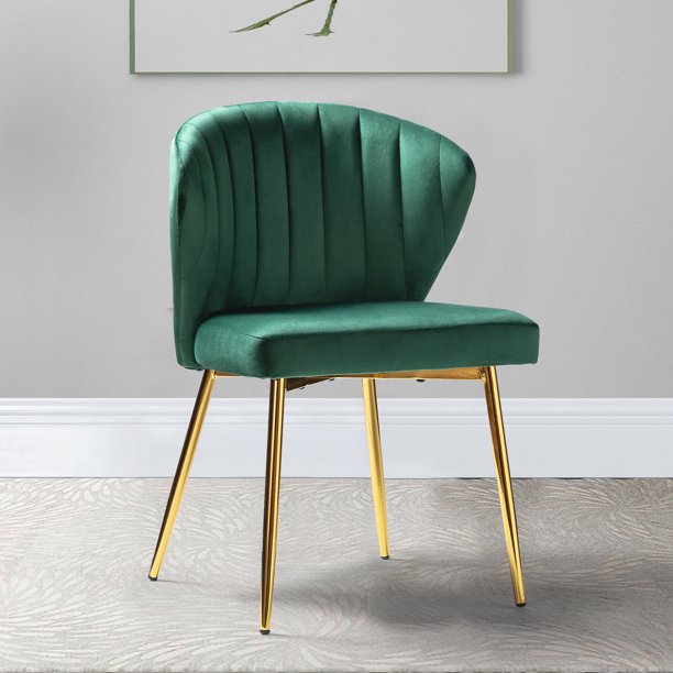 14 Karat Home Luna Velvet Small Cute Side Chair with Gold Metal Legs for Dining Room Bedroom Beauty in Green