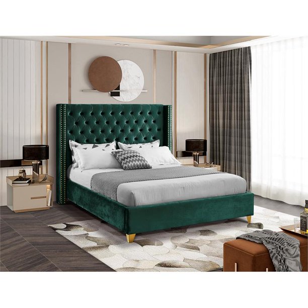 Barolo Green Velvet Queen Bed As Is: Headboard and slats only.