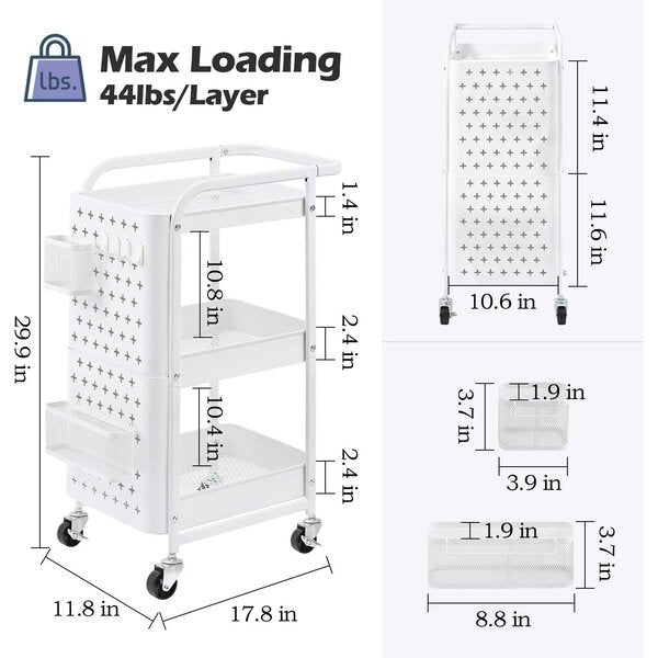 3-Tier Storage Rolling Cart, White (#K6237)