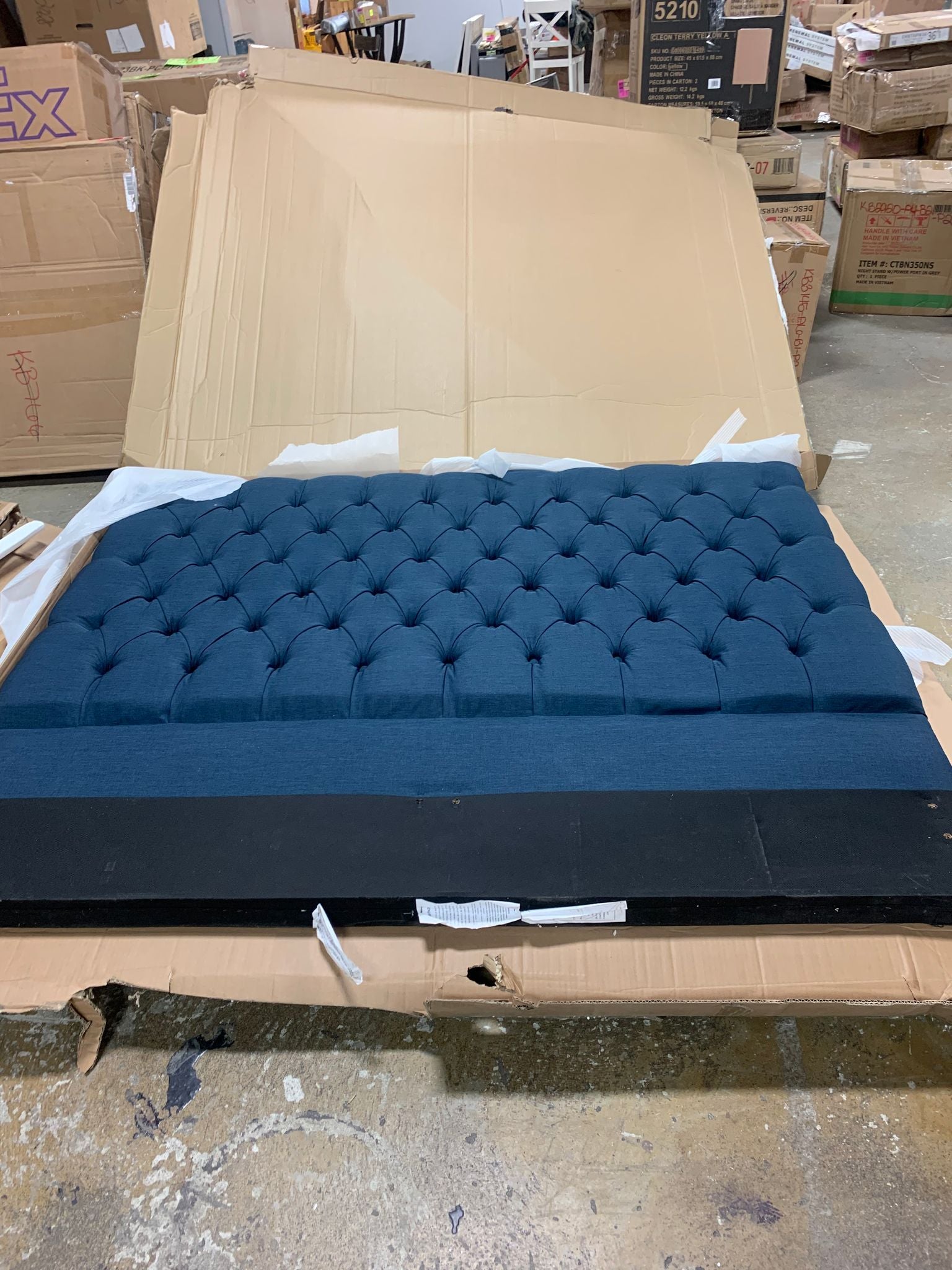 (AS IS) Meridian Furniture Ashton Queen Size Headboard in Navy Chrome Nailheads Contemporary (HEADBOARD ONLY)