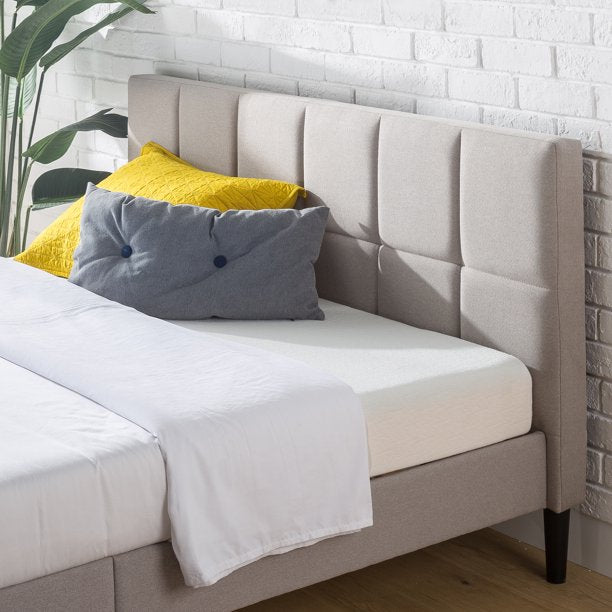 Zinus Lottie 35” Upholstered Platform Bed Frame with Short Headboard, Beige, Queen