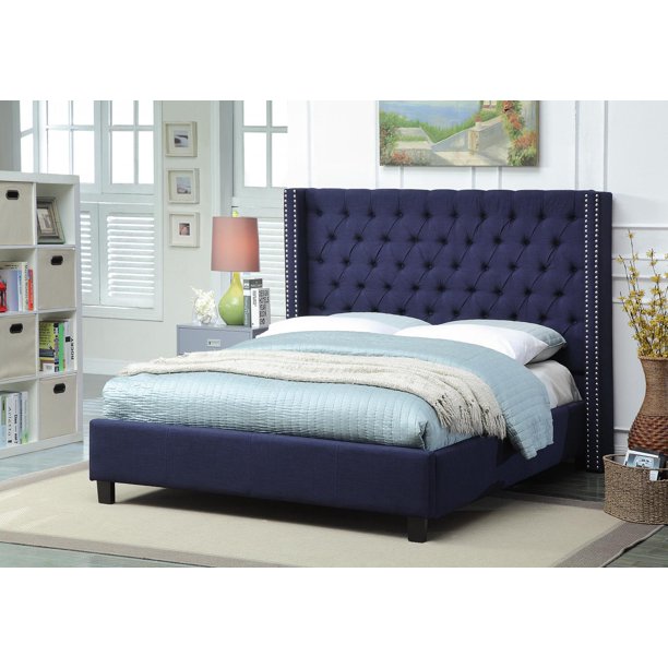 (AS IS) Meridian Furniture Ashton Queen Size Headboard in Navy Chrome Nailheads Contemporary (HEADBOARD ONLY)