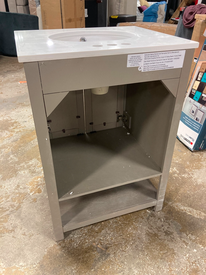 24 in. Bath Vanity in  Barstow  Acacia with Coastal Linen Doors and Vanity Top in White Stone with Basin