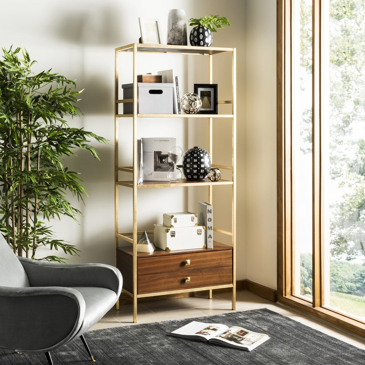 72 in. Gold/Walnut Metal 4-shelf Etagere Bookcase LX4612