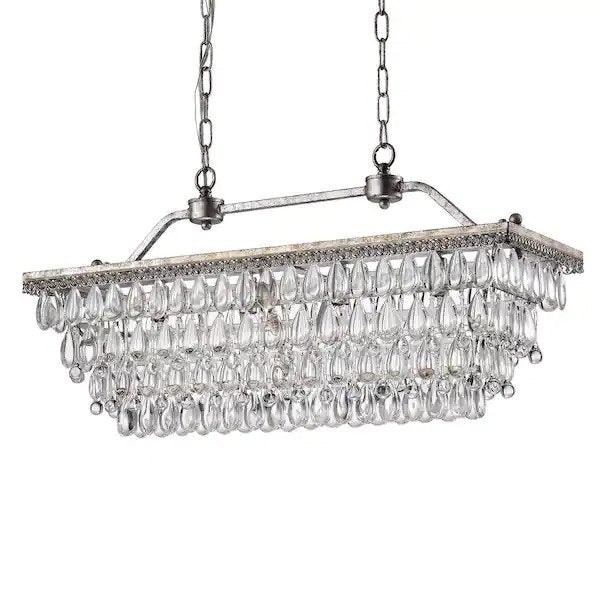 Chiara 4-Light Antique Silver Rectangular Glam Chandelier with Clear Glass Hanging Teardrop Crystals