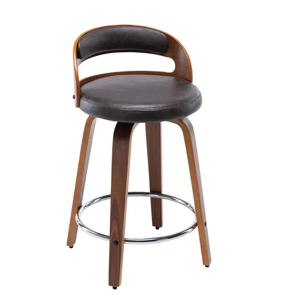 24.8 in. Seat Height Black Faux Leather Modern Barrel Swivel Counter Stool with Round Metal Kickplate, Set of 2