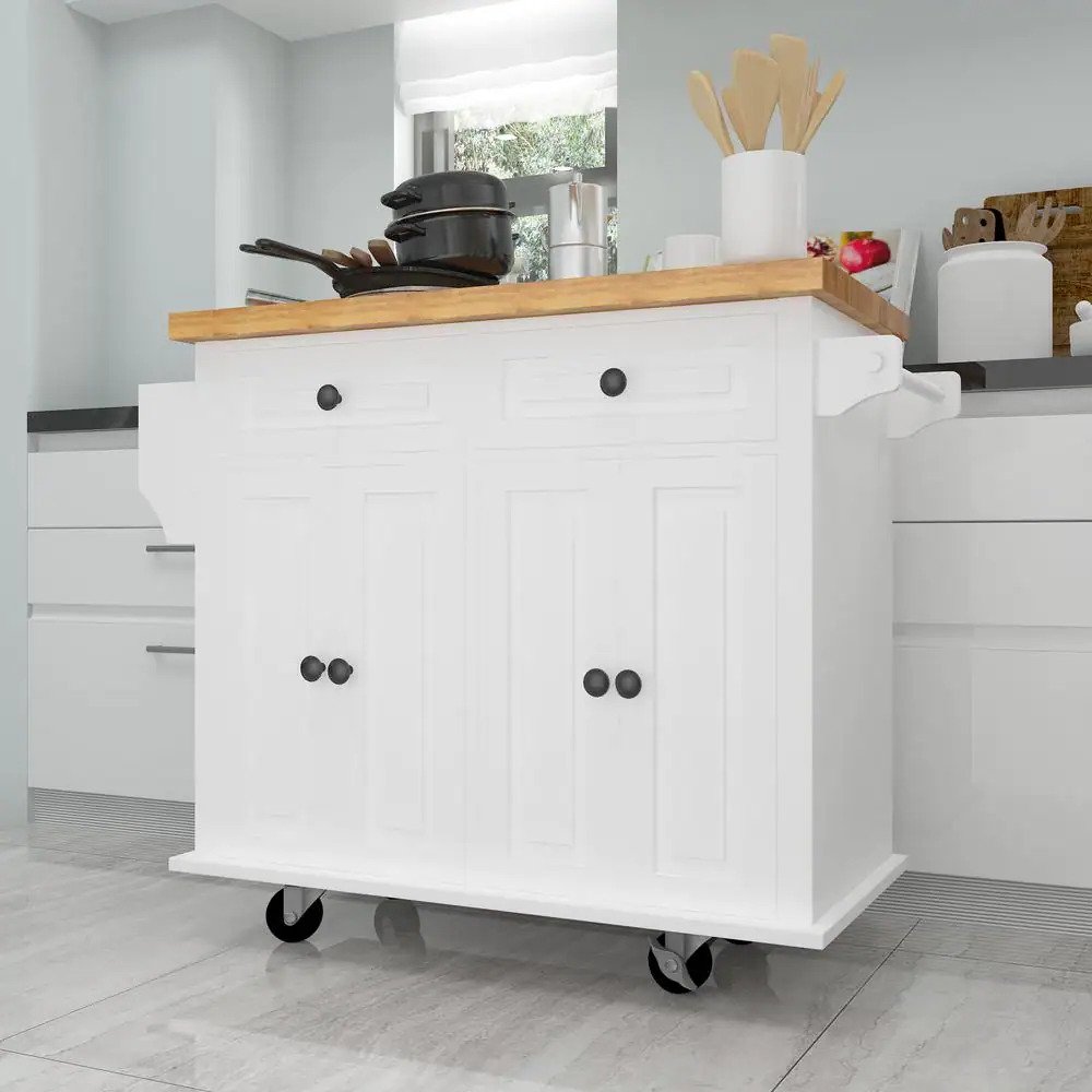 43.31 in. Wide White Mobile Kitchen Island Cart Locking Wheels Storage,Wood Natural Finish Top Contemporary Casual Style