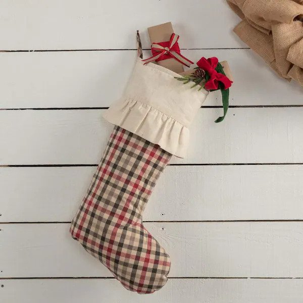 20 in. Hollis Ivory White Farmhouse Christmas Decor Plaid Stocking