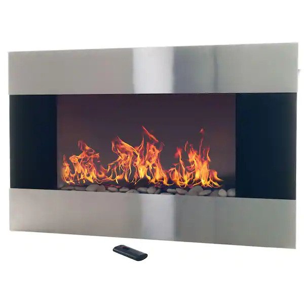 35 In. Stainless Steel Electric Fireplace with Wall Mount and Remote in Silver