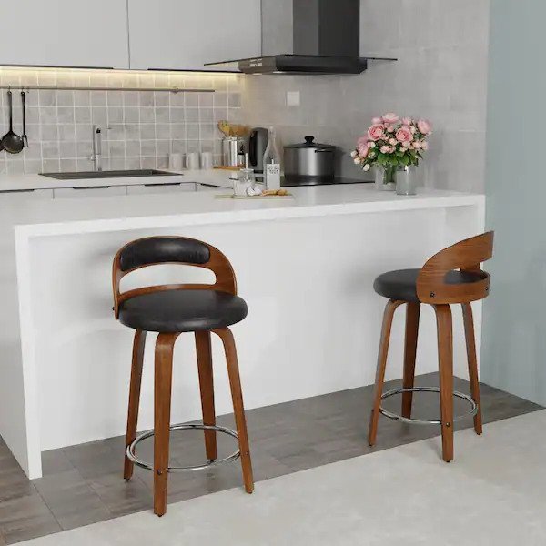 24.8 in. Seat Height Black Faux Leather Modern Barrel Swivel Counter Stool with Round Metal Kickplate, Set of 2