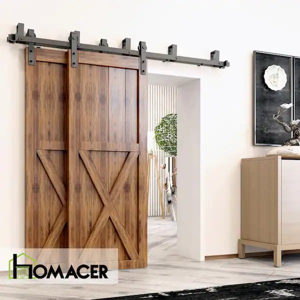 10 ft./120 in. Black Rustic Double Track Bypass U-Shape Sliding Barn Door Hardware Kit - Classic Design Roller