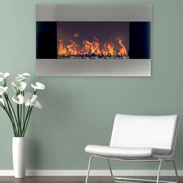 35 In. Stainless Steel Electric Fireplace with Wall Mount and Remote in Silver