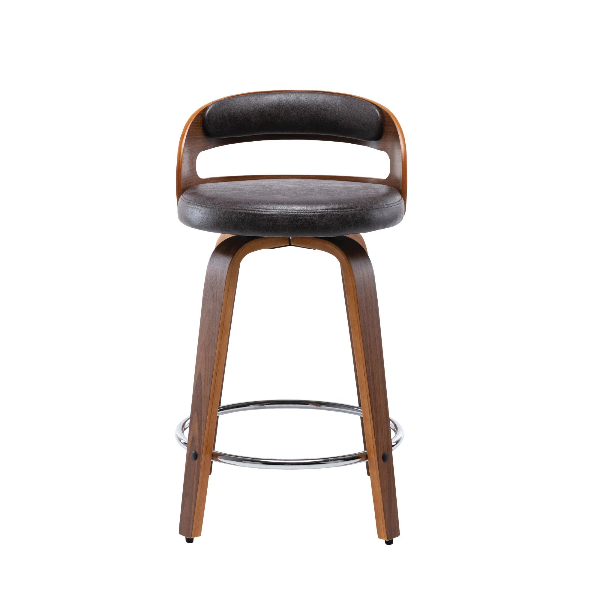 24.8 in. Seat Height Black Faux Leather Modern Barrel Swivel Counter Stool with Round Metal Kickplate, Set of 2