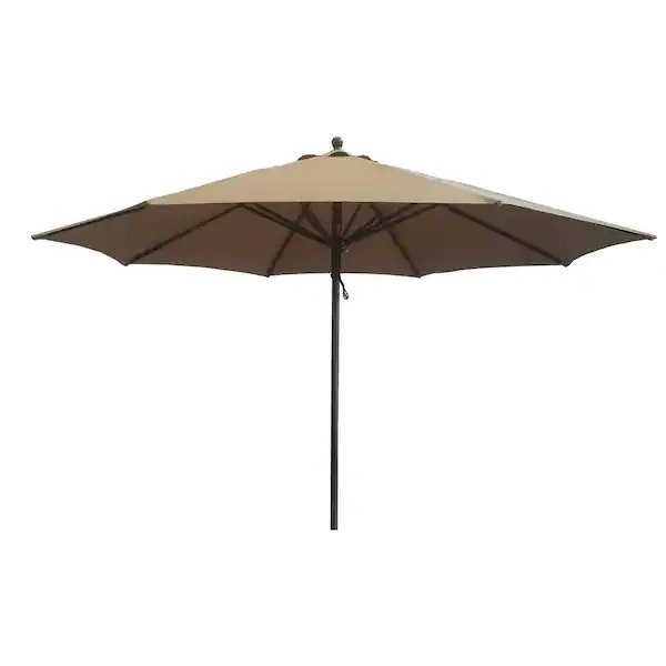 12 ft. Brown Pole Market Pulley and Pin lift Outdoor Patio Umbrella in Khaki