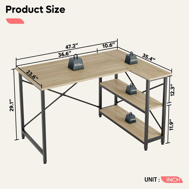 Bestier 47 inch Small L-Shaped Desk with Storage Shelves Corner Desk in Oak
