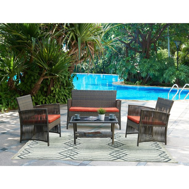 Bali Red Loveseat, 2 Chairs and Table Set, (Set of 4)