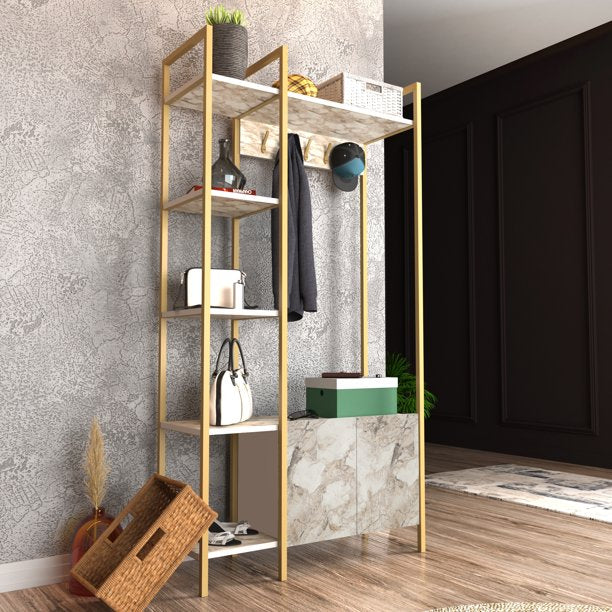 69" Modern Metal Engineered Wood Hall Tree, Coat Rack, Marble & Gold