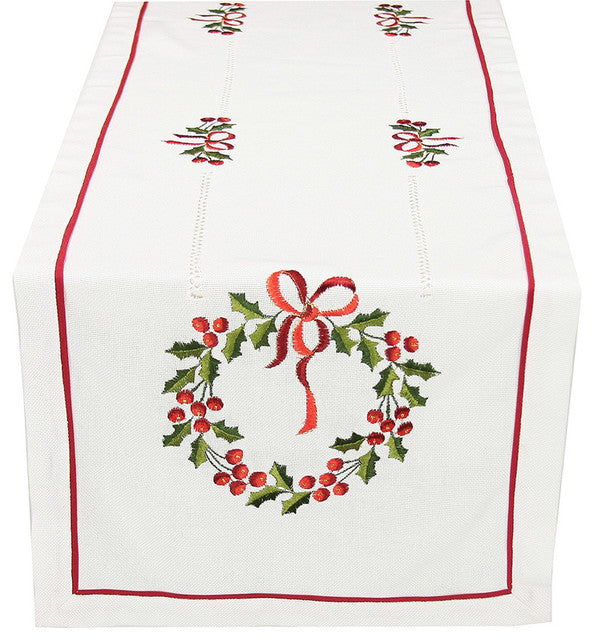 Country Wreath Embroidered Hemstitch Christmas Table Runner (Set of 4), 16"x36"