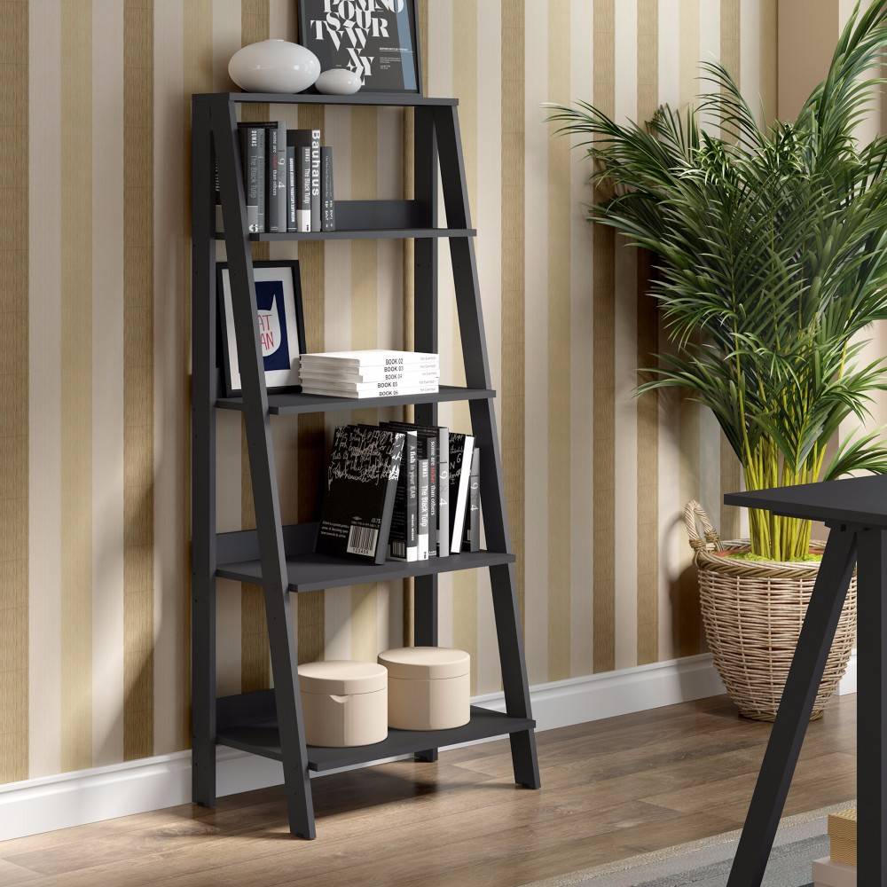 55" Wood Ladder Bookshelf in Black - Walker Edison