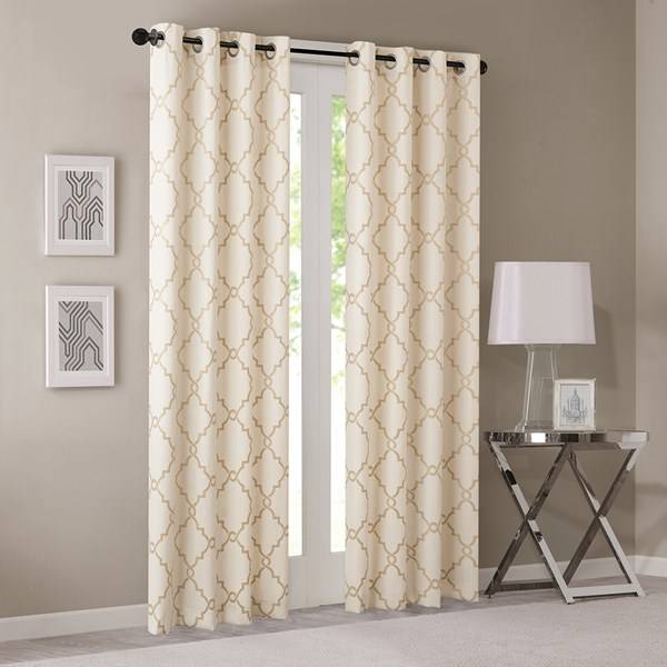 84" Panel Fretwork Print Window Curtain in Beige/Gold, (Set of 2)